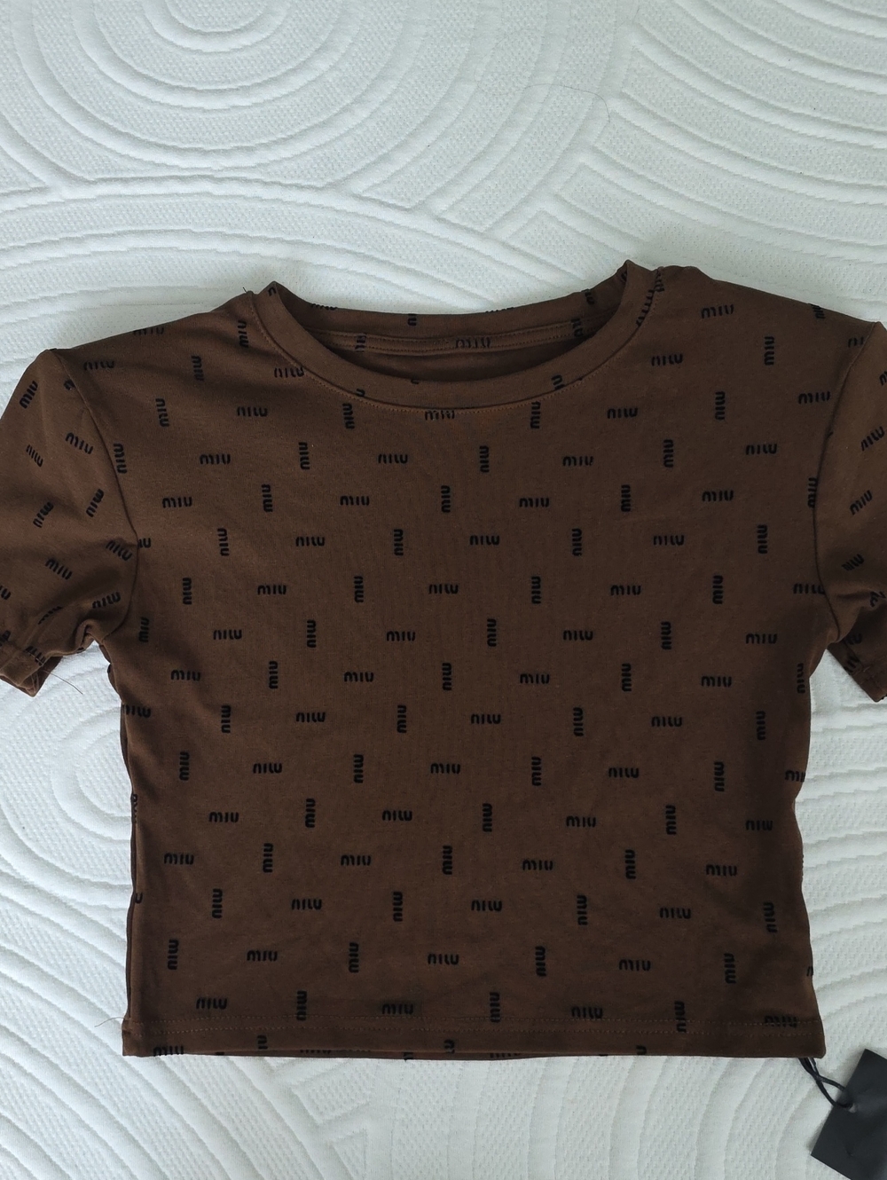 Miu Miu Brown Short-Sleeve Logo Crop Top